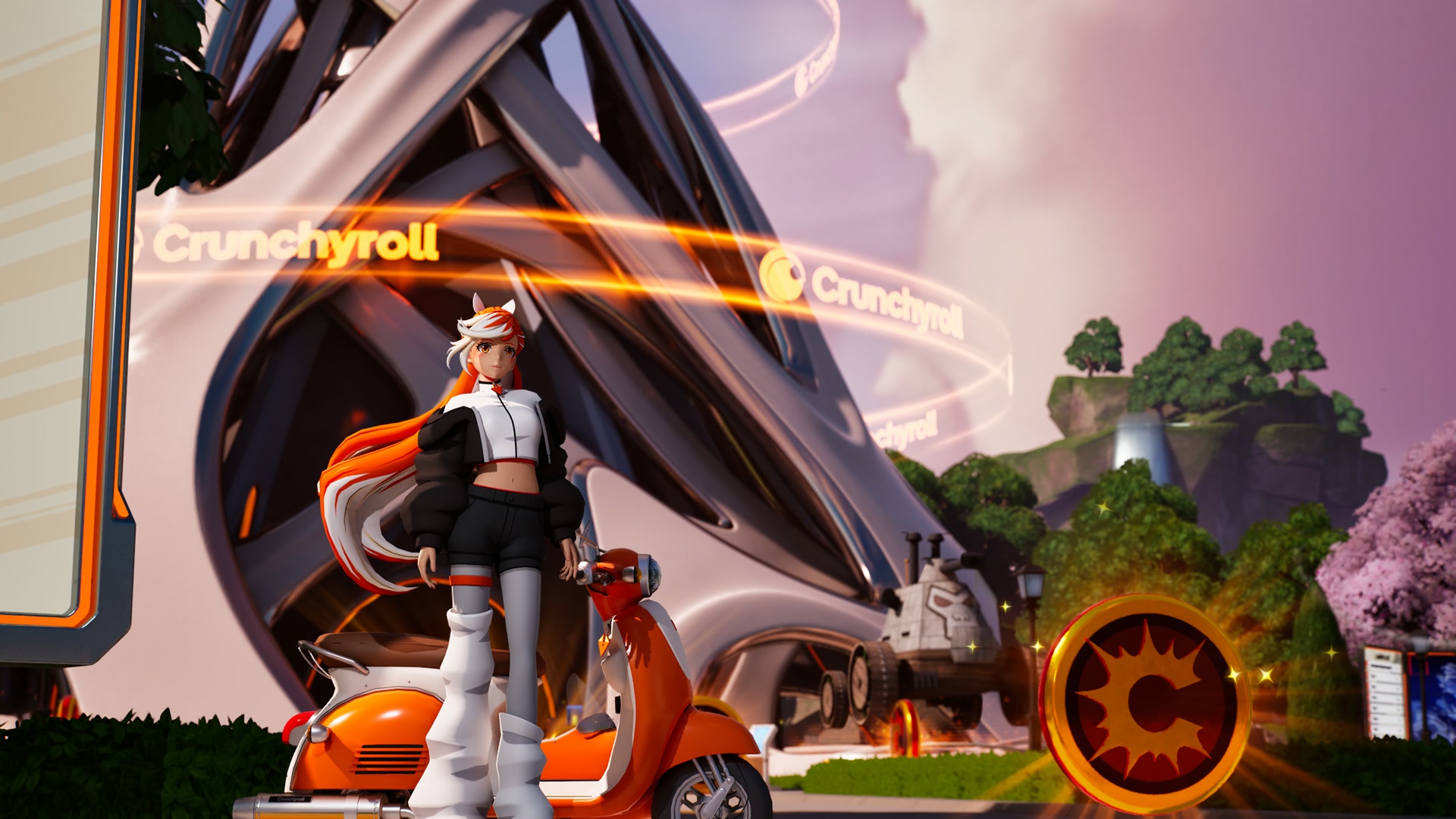 Imagem da Crunchyroll Anime Island no Fortnite com torre e cenário temático