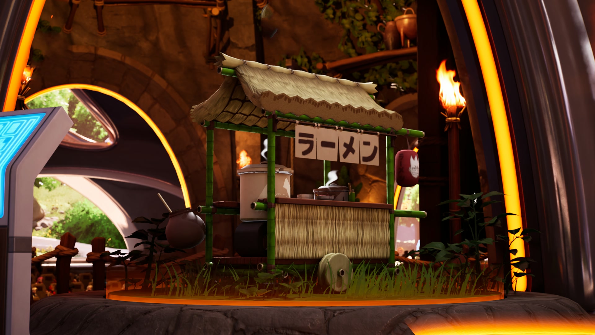 Carrinho de ramen inspirado em Dr. STONE dentro da ilha no Fortnite