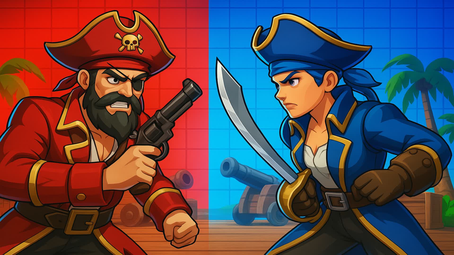 어린이 해적 파티. 해적 행위의 상징 - 모자, 칼, 총, 보물 상자, 배, 검은 깃발, 유쾌 한 굴레 문양, 두개골과 십 자뼈,  나침반. 스톡 벡터 - ©Helen_F 406054872, image size:1920x1080